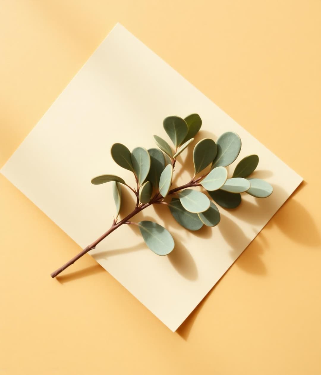 A single eucalyptus sprig on warm cream paper