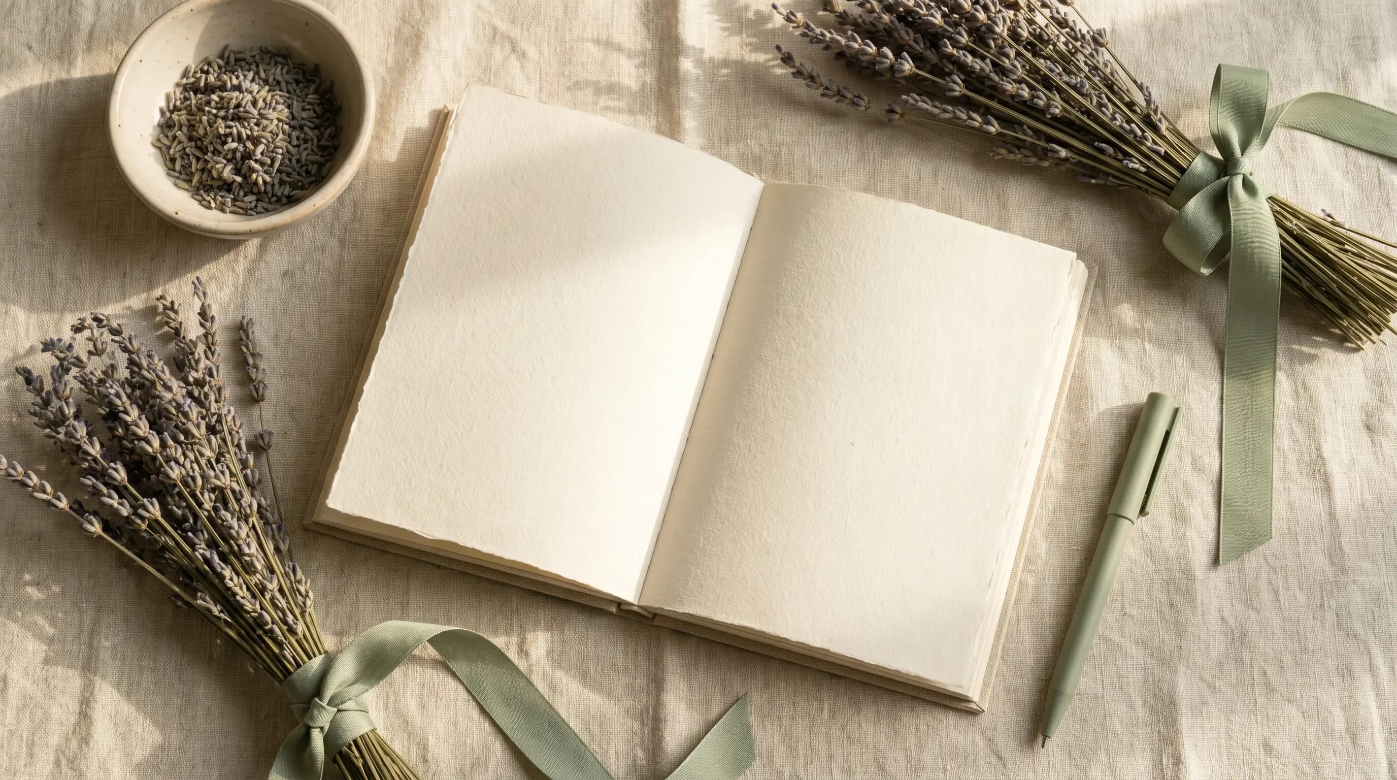 A journal open on a linen cloth with dried lavender sprigs beside it