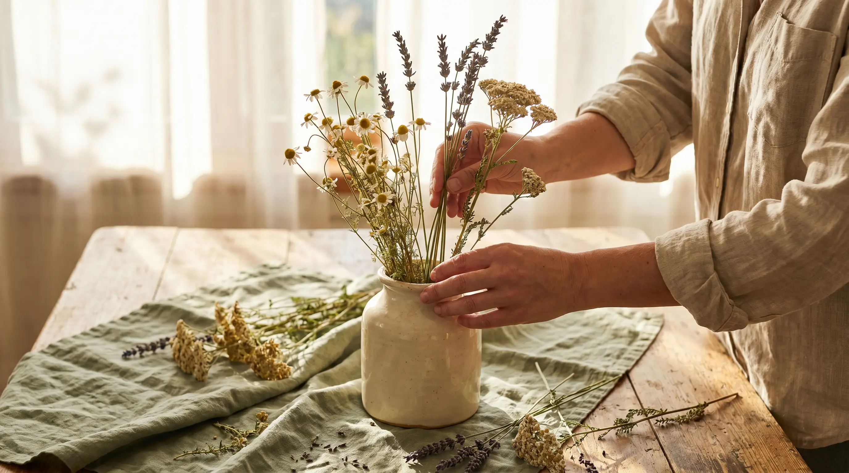 Hands arranging wildflowers in a ceramic vase on a sunlit wooden table