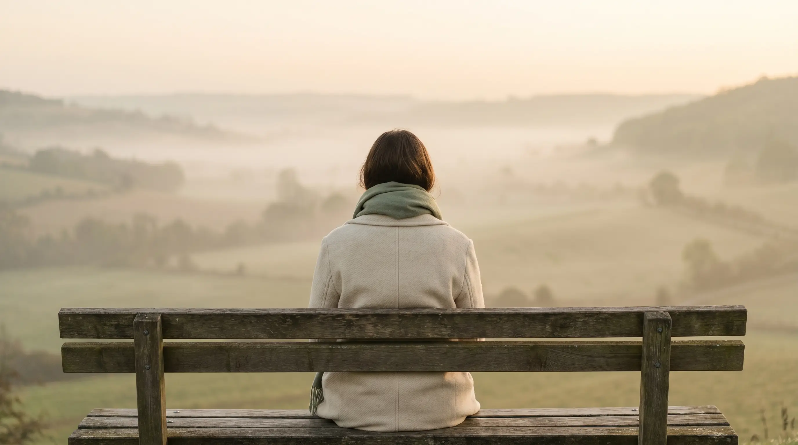 A person sitting alone on a park bench looking out at a misty morning landscape