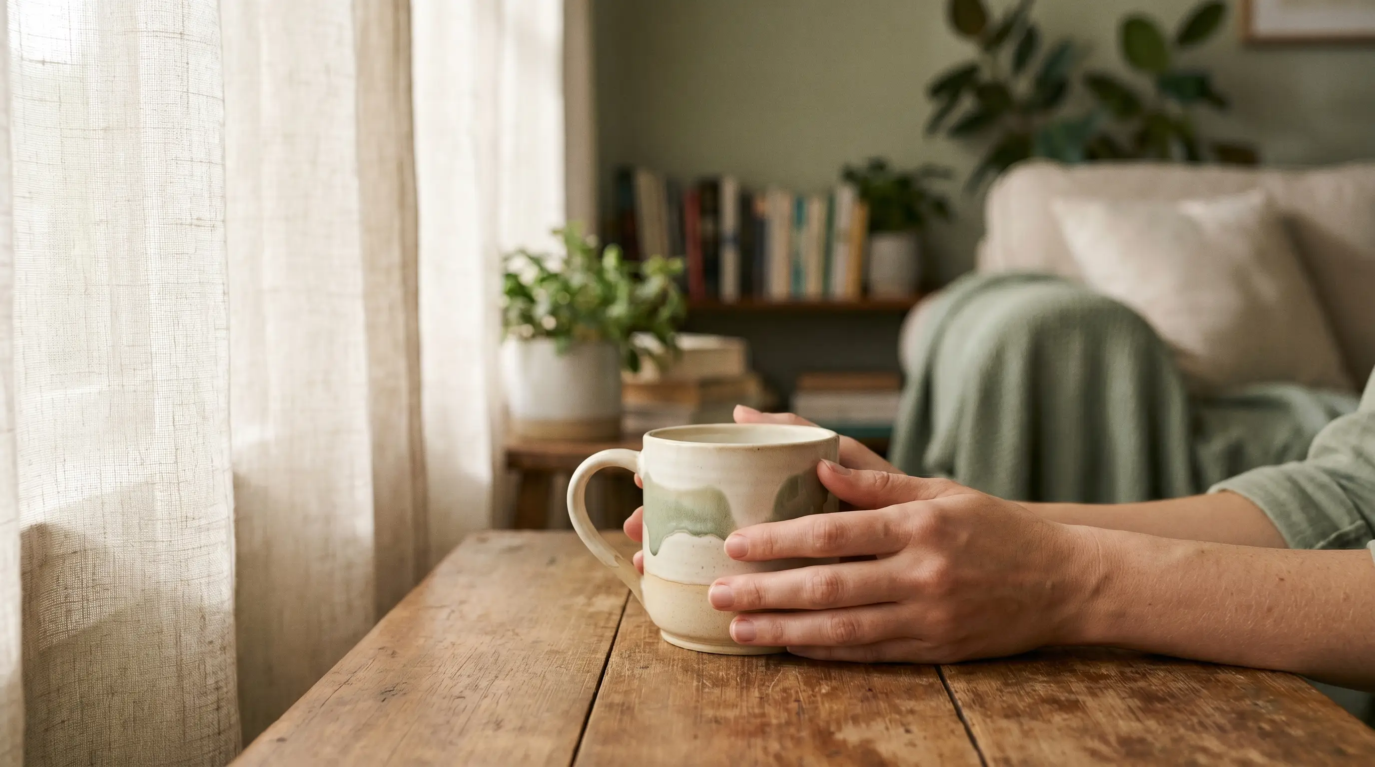 Two hands gently holding a ceramic mug on a wooden table in warm natural light