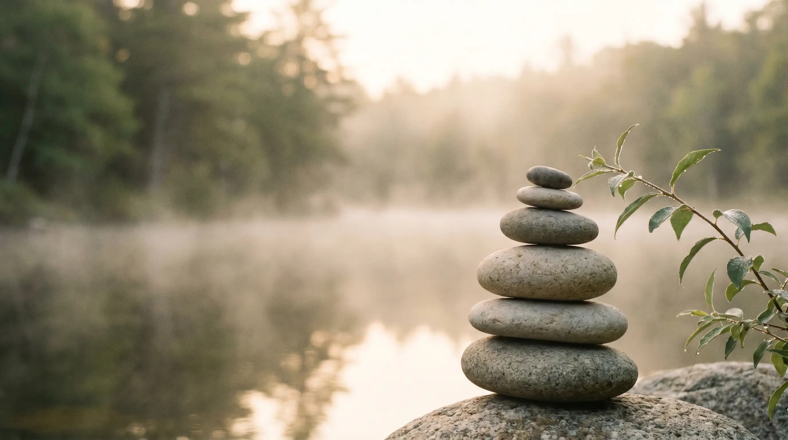 Smooth stones stacked gently by a still pond with soft morning mist
